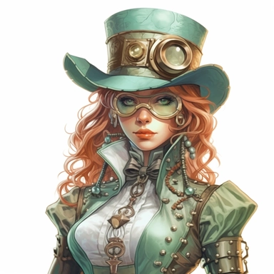 Solid white background. Waist-up illustration of a charming steampunk woman with a mesmerizing gaze. Her stunning white skin tone pairs perfectly with her pastel jade and copper attire, accentuated by Victorian-style ruffles and steampunk-inspired brass gears. The built-in goggles on her hat complete her look perfectly. No steampunk elements are visible in the background. Pastel clipart, hyper-realistic, retro-futurism, solid white background