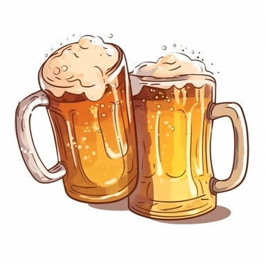 beer mugs cartoon, clip art style, water color, minimalist, bright colors, isolated white background