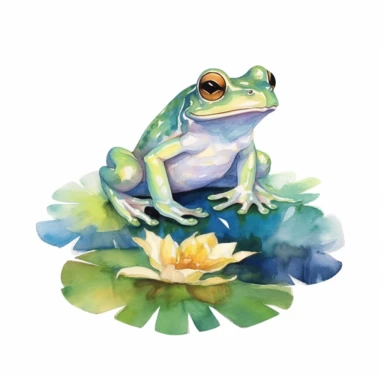 watercolor frog on lilly pad, clipart, no words, white background