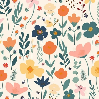 simple floral Pattern | GENRE: digital graphic clipart Art | EMOTION: cheerful | SCENE: A seamless pattern featuring simple digital graphic clipart art flowers in same sizes, with balanced negative space, in a peaceful and dreamy color palette | TAGS: doodle, floral, pattern, simple, cheerful | DESIGN ELEMENTS: Organic shames, bold textures, ample negative space | AESTHETIC: cheerful cartoon | COMPOSITION: Seamless, repeating pattern with a harmonious arrangement of elements and balanced negativ