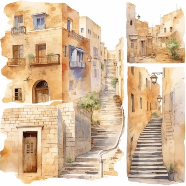 watercolor mardin town in turkiye, illustrations clipart set, simple, , cartoon elements ,different variants , historic stone houses,historic buildings, cobblestone lanes, tone facades of the buildings, Mardin's stone Alleyways separate elements with a margin
