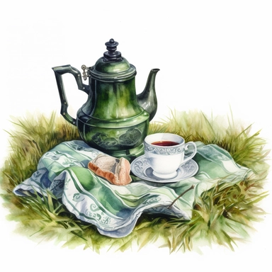 watercolor, hyper realistic, white background with margins, 8k, ultra detailed clipart, victorian style, cut out image a teapot and cups, outdoor, on blanket on grass, green and white