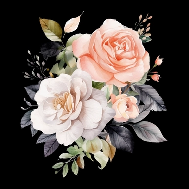 a single Blush Rose & Spring Flower, Pink and White Floral Watercolor Clipart,black background , Hd