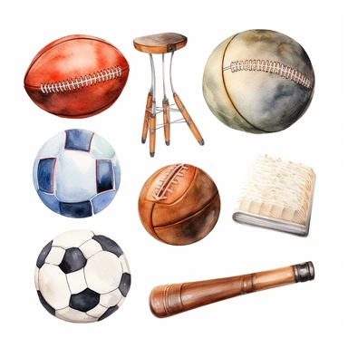 Watercolor style, sports, football, rugby, tennis, golf, cricket, variations, hyper realistic detailed clipart, on a white background