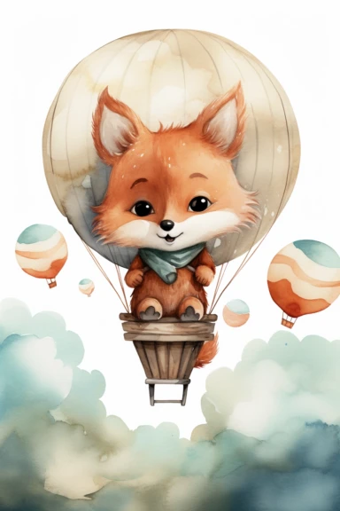 cute fox cartoon in a hot air balloon watercolor, in style of book illustrated, nursery drawing, clipart