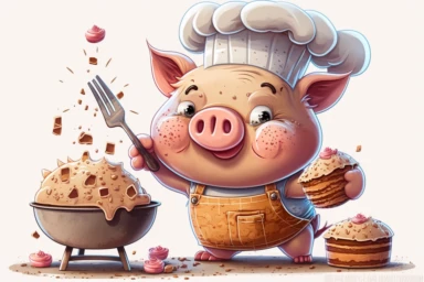 baker job, clipart 1 pig , children's magazine illustration, adorable, isolated on white background, features objects by Genndy Tartakovsky