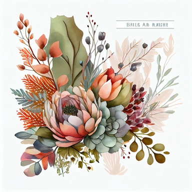 watercolor boho floral arrangement clipart with leaves and flowers, use of fabric, soft and subtle watercolor style, excellent depth of color, watercolor style, intricate and detailed, exquisite realism, super excellent plain white background