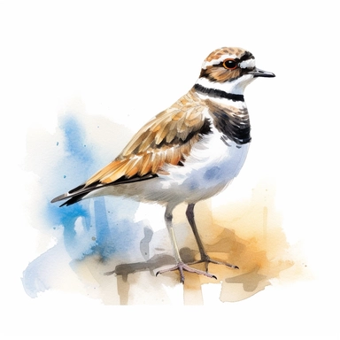 killdeer bird. use a combination of vibrant colors and subtle variations in color to capture the freshness and vitality of the scene. Let the transparent and flowing nature of watercolors add a sense of lightness and movement to the painting, clipart, plain isolated white background, 8k ultra detail high sharpness