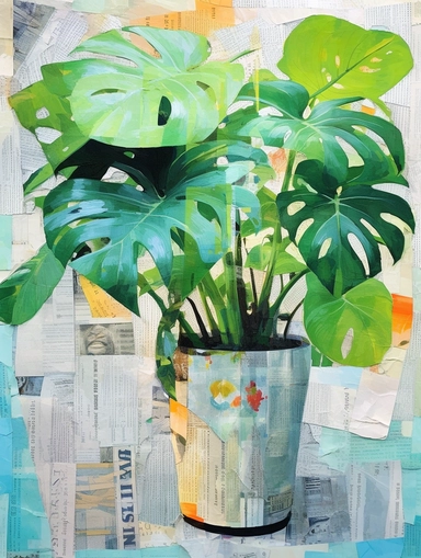 a painting of Monstera, in a vase on a collage of newspapers, by Ruth Hollingsworth, pinterest contest winner, impressionism, newspaper clipping, matthew stewart, Monstera, Thick coating, bible illustration, very small brushstrokes, malcolm hart, biblical art, etsy, offhand, clean sharp focus, high detail,Crazy details, 8k @118255@