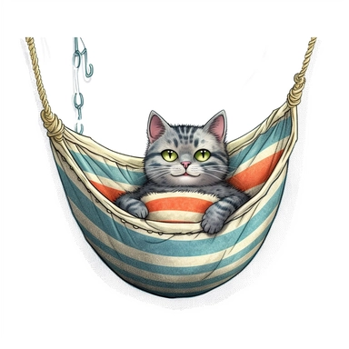 Axel scheffler illustration style cat in a hammock, high definition, 16k, insanely detailed, fine detail, sharp focus, illustration, white background, isolated clipart vector