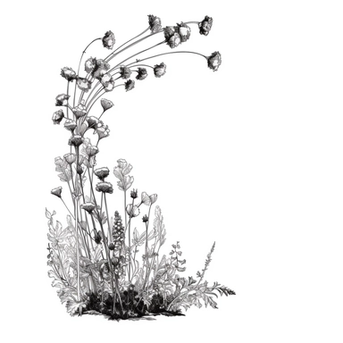 modern, minimalistic set of wildflowers in the shape of one giant L shape corner of the image frame, in the style of hand-drawing black and white on a clean white background, wedding clipart flowers