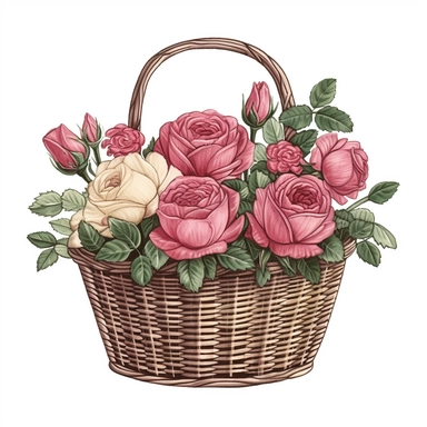 vintage basket of roses sublimation clipart, vector, illustration, 2d, flat colors, isolated background