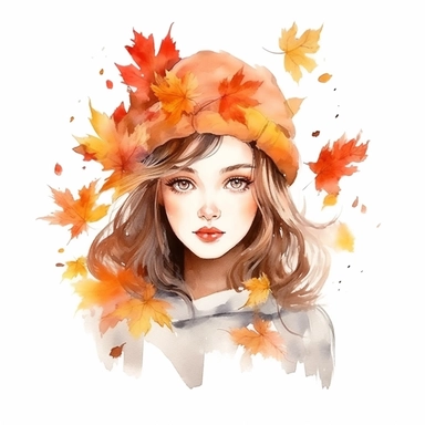watercolor style, beautiful autumn girl clipart, isolated on white background, 4K
