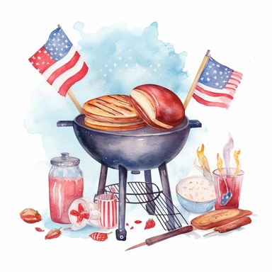 independence day barbecue grill, american theme clipart, in the style of dreamy watercolor scene, feminine sticker art, free brushwork, pictorial fabrics, white backround