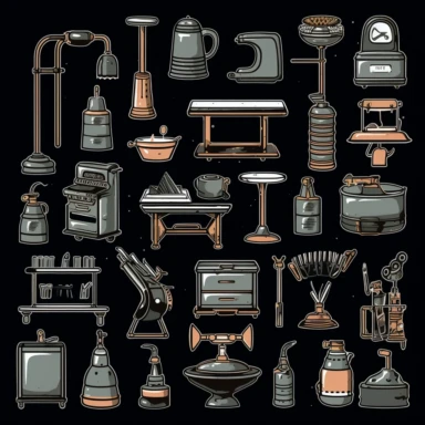 Household Equipment - Industrial Style, clipart bundle, vector logo, vector art, vintage color style, black background, simple, cartoon, 2d