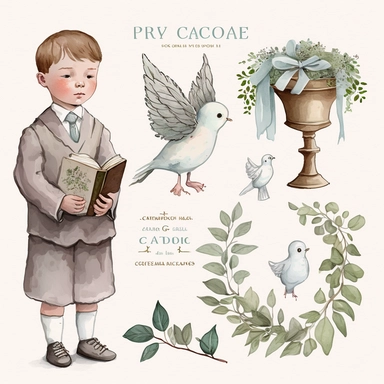 cute boy, first communion holding a dove in his hands, , clipart set of first communion illustrations, watercolor, white background, simple, soft colors, very detailed watercolor drawn elements, holy cross, prayer book, lilacs, twigs with large leaves, powder blue, green, brown