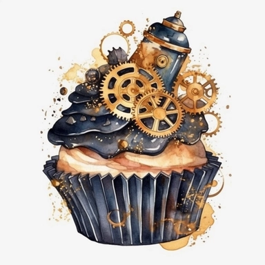 Steampunk Birthday Cupcake Clipart, black and gold colors, Steampunk, watercolor, sweet, happy, high resolution, transparent white background no captions