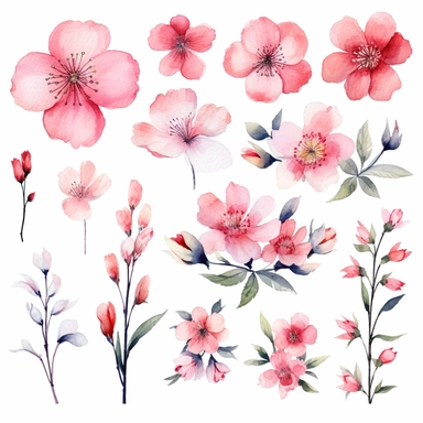 Enchanting watercolor clipart set featuring pink flower blossoms, each captured from a different angle, framed with soft and flowing brushstrokes, as if the flowers themselves are a gentle symphony, whispering melodies of love, joy, and the beauty of life, clipart on a white backdrop.
