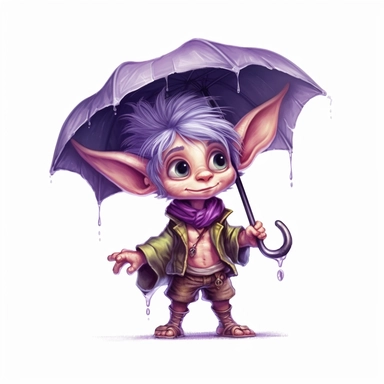 Cute Adorable magical little Elf with big pointed ears holds a umbrella in his hand wears a raincape and stand in the rain on a country road, clipart, photorealistic illustration, watercolor, high detail, 8k polished, 8k, vibrant colors, sticker, majestic, die cut, black and purple color, white background