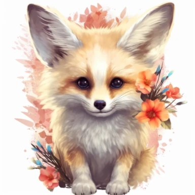 lashes, super lovely, nursery, close-up of an fennec foc, flower. The red panda has fluffy fur with black markings, large ears, and bright eyes. It is standing on top of a white background. vintage clothing hyper realistic 8k clipart