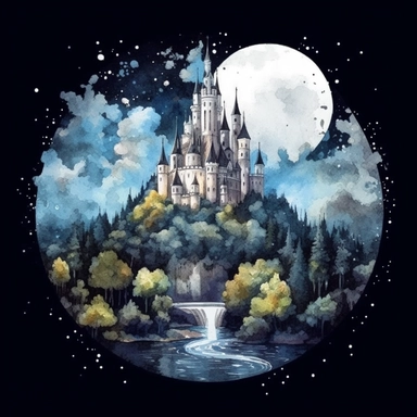 light watercolor Fantasy Castles night scenery on the moon in the garden forest realistic clipart on black background