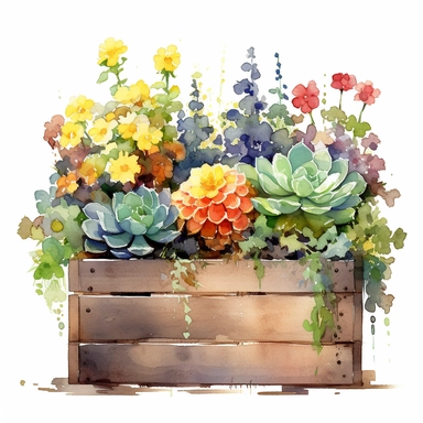 clipart, a watercolor painting of a wooden flower box filled with beautiful flowers and plants, in the style of yanjun cheng, colorful animations, rough clusters, clean and simple designs, leica cl, warm color palettes, colorful washes, white background--ar 34:33