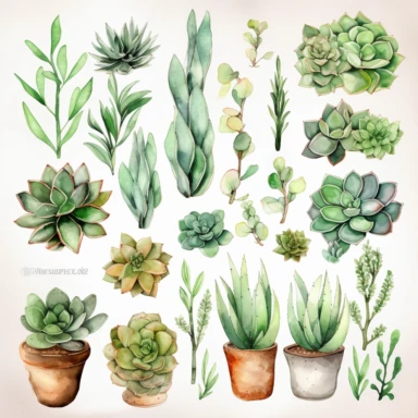 relaxed simple Watercolor Succulents Clipart Home watercolour plant Succulents digital clipart desert plant greenery png planner clipart Summer home decor, completely surrounded by white backround, zero overlap, no touching objects, all objects in the same foreground, no words