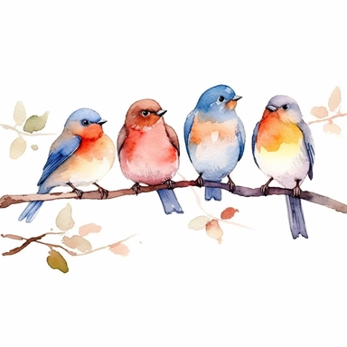 a minimal watercolor clipart of little birds on a branch, white background