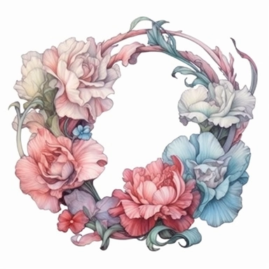 wreath of Carnations light watercolor clipart, centered, isolated on white background, James Jean and Peter Mohrbacher