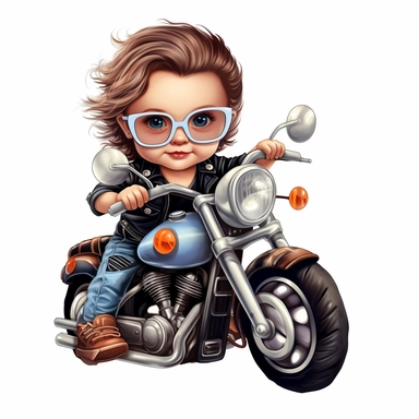 clipart of cute and cool baby girl on a harley davidson multicolor white background