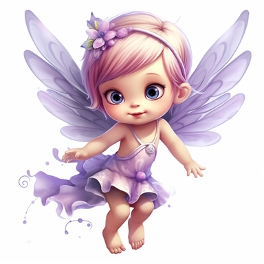 a beautiful happy baby fairy girl, purple flowered dress, blue eyes, highly detailed image, full body image, big wings, pixar style, clipart, white background,