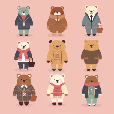 A modern, simplistic illustration showing a cute Teddy Bear with fashionistic human outfits in Cliparts. The illustration should be in a playful flat design style. Make sure there is no use of shading, tone or texture. The illustration should have a simplified, streamlined appearance. The illustration should be well-suited for use in digital or print media, such as infographics.