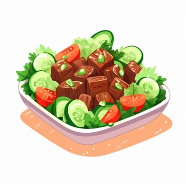 Bò lúc lắc which is a dish with large diced beef cubes which have been browned and have some char marks on a bed of cucumber, lettuce, tomatoes, red onion , simple illustration, cartoon vector style, clipart, white background