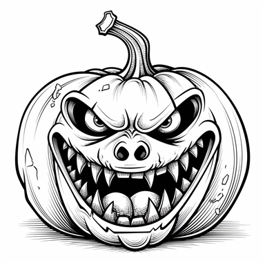 black and white coloring book page. Close up of scary looking jack-o-lantern. Clip art, no background, simple.