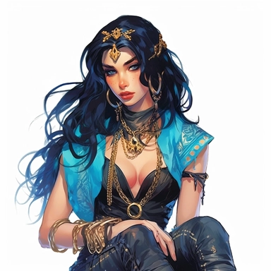 Disney princess Jasmine, long black rocker hairstyle, Arab skin colour, turquoise leather jacket over a ripped blue dress, Gold and blue jewellery, skulls, gothic style, rock style, clipart, white background, by Kawacy