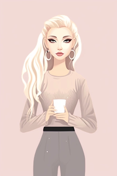 Mary Blair style, minimalistic nordic style single clipart, single beautiful fashion model wearing pyjama holding cup, full body, minimalistic pastel pink color palette, white background