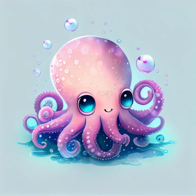 cute pink octopus with big head, big eyes with water bubbles, hand draw Illustration clipart, 4K, extremely detailed