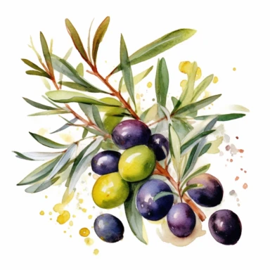 Olives, thyme, olive oil. Watercolor, clipart