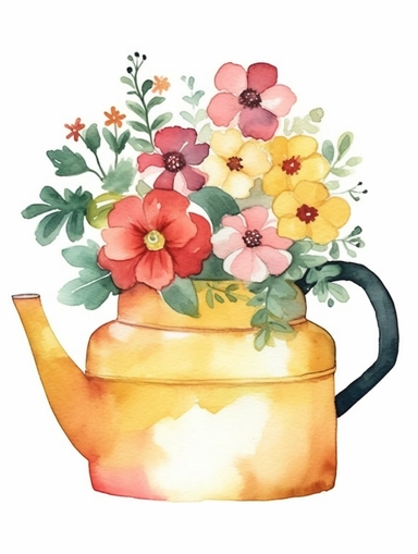 Watercolor clipart with white background, cute floral tea pot , cute and adorable, flat design, clearly defined separated image, high quality