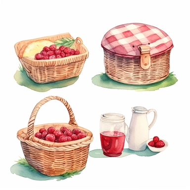 watercolor A clip art 4 set of images featuring a with a picnic setting with a raspberries in a basket on a picnic blanket isolated white background, minimalist, 8K