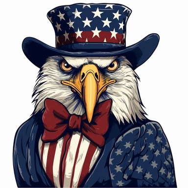 Proud Eagle with a patriotic hat and patriotic tie, clear eyes, kiss-cut, vector, clipart, isolated, no background, .75 gutter,