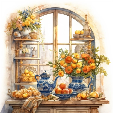 watercolor mixed media masterpiece royal kitchen beautiful window with porcelain dishes and books and basket with flowers, richly decorated with flowers, golden accents, provence, by Adonna Khare style, Baroque style, PNG clipart, isolated on white, extreme photorealistic details, 32k HD resolution, realistic high detailization high resolution
