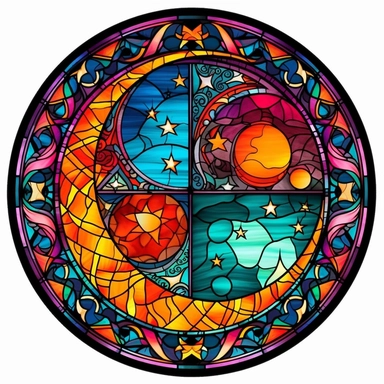 circular design, colourful stained glass, celestial half moon, black outlines, clipart