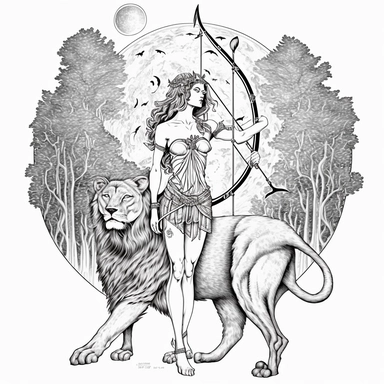 an epic statuesque Greek God Artemis, bow and arrow, lion companion, moonlit forest, clip art, tattoo design, fantasy, no color, elite, magical realism, highly detailed, full wide angle, full body, isolated on a tall all white background