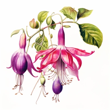 a watercolour painting of a fuchsia flower, in the style of uhd image, dansaekhwa, traditional, flourishing botanicals, exotic, white background, colorful, antique clipart, vibrant intense colors, photorealistic botanical satin drawing in the style of Pierre-Joseph Redoute