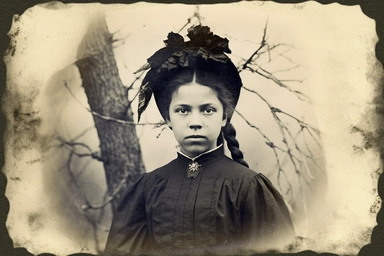 Sinister Victorian photo of a young witch, daguerrotype, clipart, spaced out, hd,