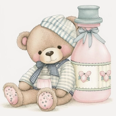 an ultra Cute little newborn baby teddy bear wearing pyjamas, baby pink traditional classic ((striped button up pyjamas)) and a bedtime hat and is sitting on a baby pink blanket with a baby bottle watercolour, cute,, bedtime, sleepy, dreamy, isolated on w