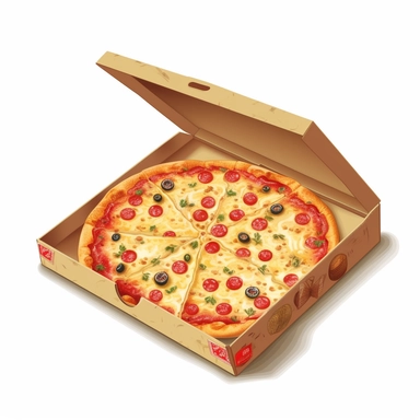 An intricately detailed illustration of a pizza in the pizza box, rendered in a realistic style with rich textures and shading to evoke a sense of depth and realism. The mood is sophisticated and indulgent, with a focus on the decadent toppings and high-quality ingredients. The lighting is soft and warm, creating a cozy ambiance. Vector illustration, clipart, white background.