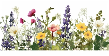Pressed boho cottagecore snapdragon, cosmos, lupine, anemone and columbine floral border wildflowers with green foliages floral nature garden border, clipart with white background