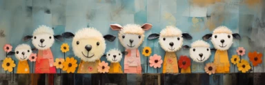 a row of cute miniature lambs, a collage of mixed media art made with tissue paper, magazine and newspaper clippings, oil paint, graphite pencil lines and fabric, in the style of playful surrealism, whimsical, washi tape